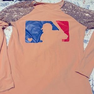 Womens Large MLB Logo Love Shirt Sequin Glitter